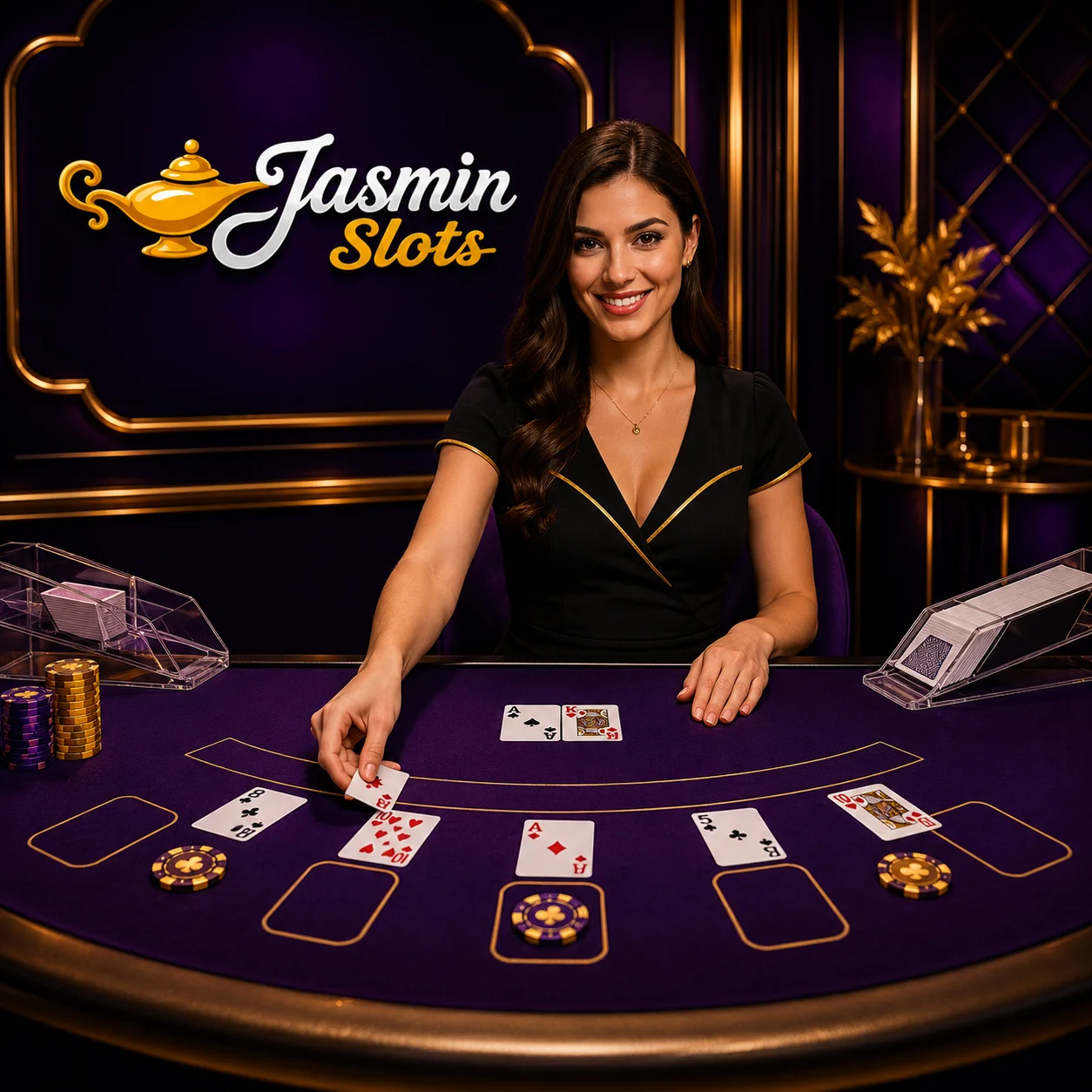 Jasmin Slots live casino banner with roulette, blackjack and baccarat tables